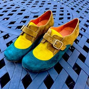 Chie Mihara tri-color buckle pump in teal, lime, and olive